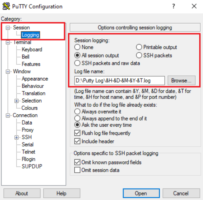 PuTTY Log Settings